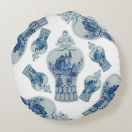 ブルーアンドホワイトジンジャージャーズラウンド装飾用クッション ラウンドクッション