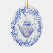 ブルーアンドホワイトティーポットとリース セラミックオーナメント (右)