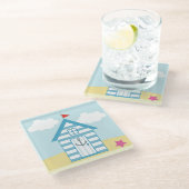 ブルーアンドホワイトビーチハット ガラスコースター (アングル)