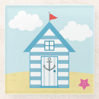 ブルーアンドホワイトビーチハット ガラスコースター