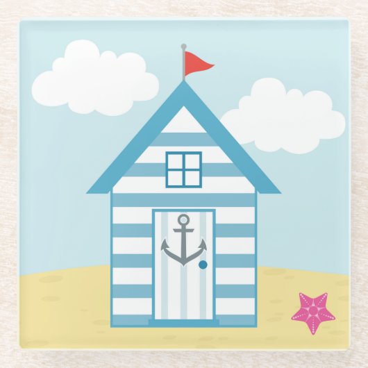 ブルーアンドホワイトビーチハット ガラスコースター (正面)