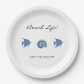 ブルーアンドホワイトフィッシュシェルファミリービーチハウス ペーパープレート (正面)