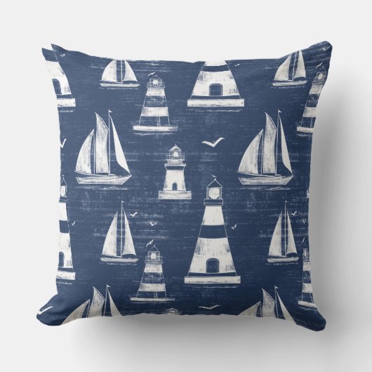 ブルーアンドホワイト航海のライトハウス装飾用クッション クッション (正面)