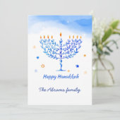 ブルーアンドホワイト（ユダヤ教）メノラーキャンドルとハヌカーのご希望 サンキューカード (スタンド正面)