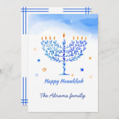 ブルーアンドホワイト（ユダヤ教）メノラーキャンドルとハヌカーのご希望 サンキューカード (正面/裏面)