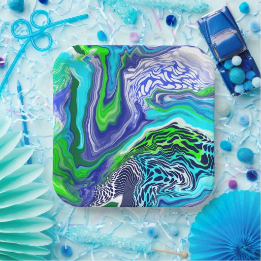 ブルーアンドライムグリーンマーブルスワーズ誕生日紙P ペーパープレート (パーティー)