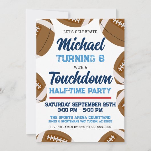 ブルーアンドレッドサッカーチーム誕生日パーティー 招待状 (正面)