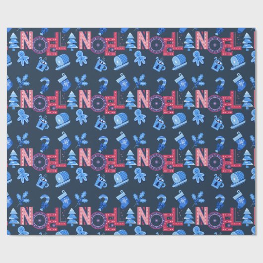 ブルーアンドレッドフェスティバルノエルレタリングクリスマス ラッピングペーパー (フラット)