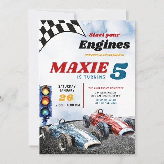 ブルーアンドレッドボーイレーススポーツカーズ誕生日 招待状 (正面)