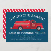 ブルーアンドレッドヴィンテージ消防車ボーイズ誕生日 招待状 (正面/裏面)