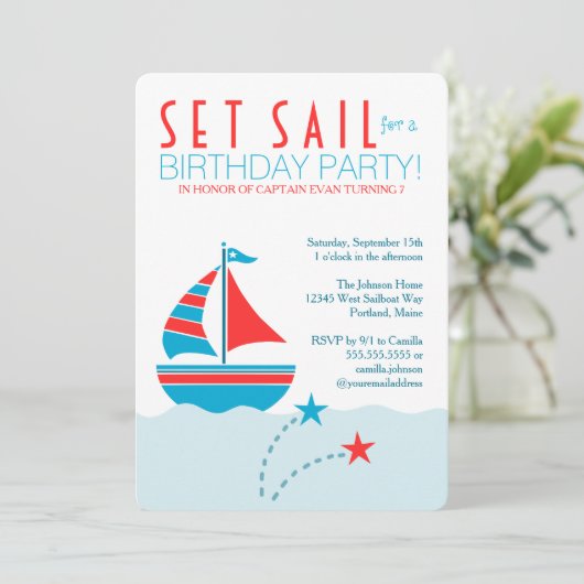 ブルーアンドレッド帆船航海の誕生日招待状 招待状 (スタンド正面)