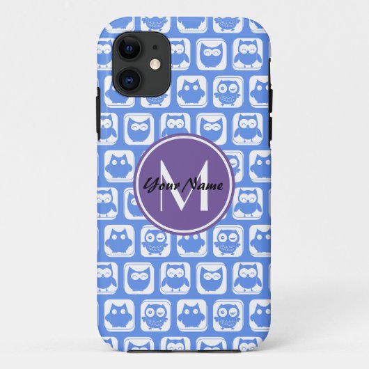 ブルーアンド薄紫フクロウカスタムモノグラムパーソナライズされた Case-Mate iPhoneケース (裏面)
