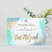 ブルーアンド金ゴールドウォーターカラーバー(ユダヤ教の)バル・ミツバー サンキューカード (スタンド正面)