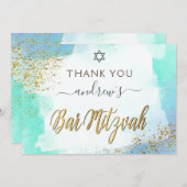 ブルーアンド金ゴールドウォーターカラーバー(ユダヤ教の)バル・ミツバー サンキューカード (正面/裏面)