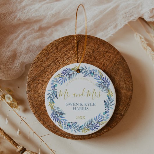 ブルーアンド金ゴールドリースクリスマスセラミックオーナメント セラミックオーナメント