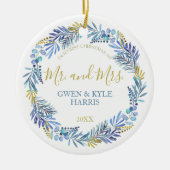 ブルーアンド金ゴールドリースクリスマスセラミックオーナメント セラミックオーナメント (正面)