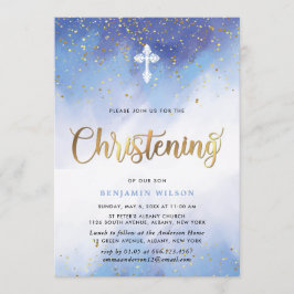 ブルーアンド金ゴールド水彩少年《キリスト教》洗礼式や命名式 招待状