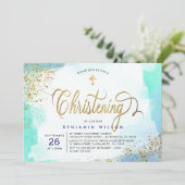 ブルーアンド金ゴールド水彩少年《キリスト教》洗礼式や命名式 招待状 (スタンド正面)