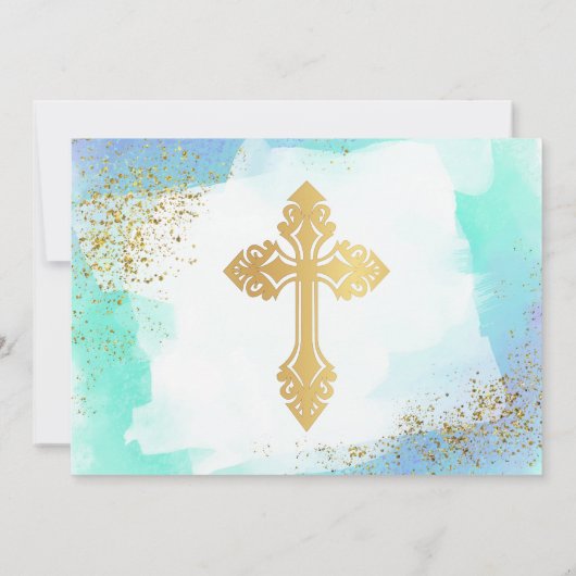 ブルーアンド金ゴールド水彩少年《キリスト教》洗礼式や命名式 招待状 (裏面)