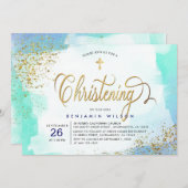 ブルーアンド金ゴールド水彩少年《キリスト教》洗礼式や命名式 招待状 (正面/裏面)