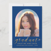 ブルーアーエレガントチ金ゴールドスクリプトフォト卒業 案内状 (正面)