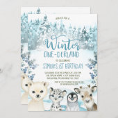 ブルーアークティックアニマルウィンターオネダーランド誕生日 招待状 (正面/裏面)