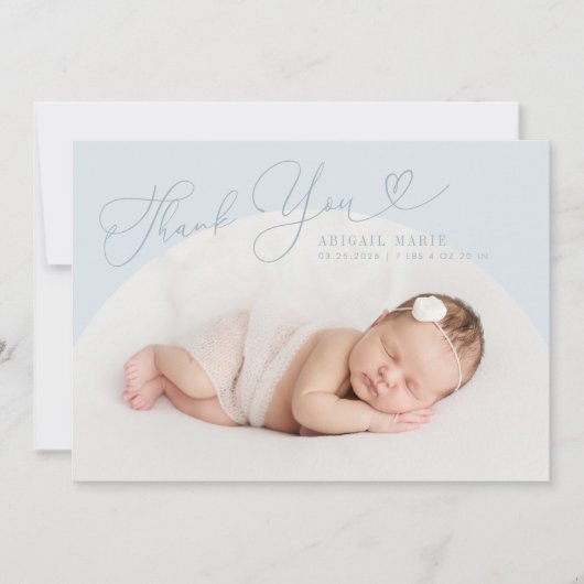 ブルーアーチフレーム感謝していユイ誕生のお知らせ 案内状 (正面)