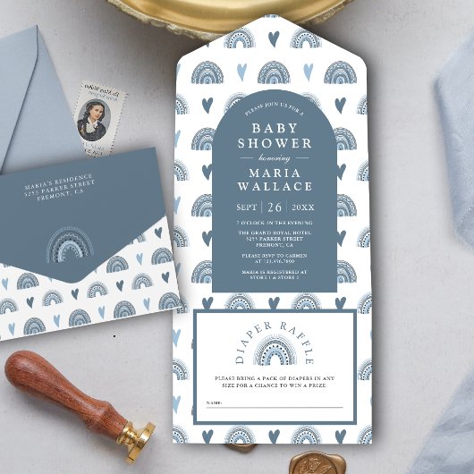 ブルーアーチボーホレインボーベビーシャワー オールインワン招待状