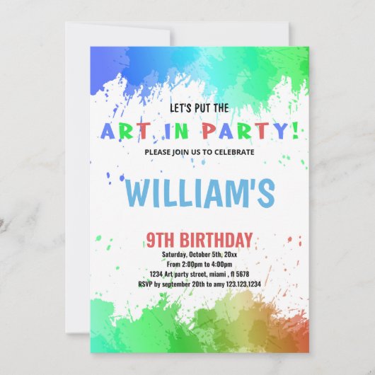 ブルーアートのパーティー絵を描誕生日招待状 招待状 (正面)