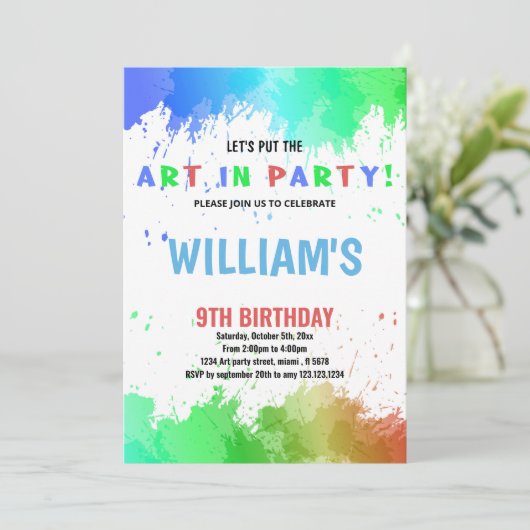 ブルーアートのパーティー絵を描誕生日招待状 招待状 (スタンド正面)