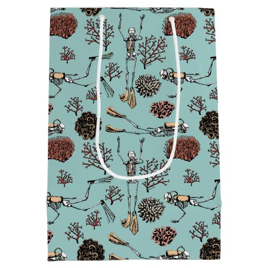 ブルーアートスイミングスキューバダイバーコーラルスケッチ ミディアムペーパーバッグ (裏面)