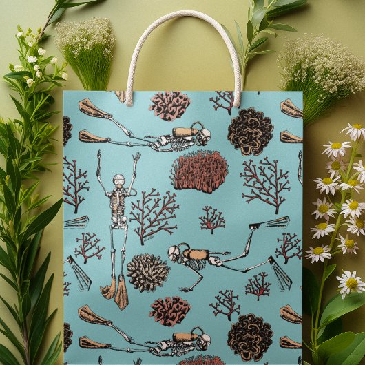 ブルーアートスイミングスキューバダイバーコーラルスケッチ ミディアムペーパーバッグ