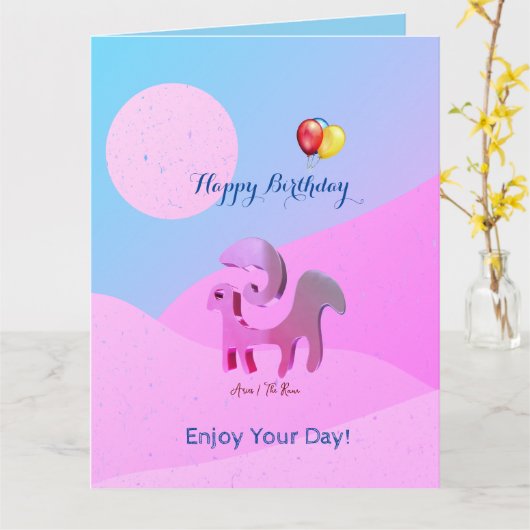 ブルーアートピンク誕生日おひれグリーティング カード (黄色い花)