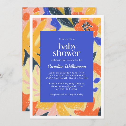 ブルーアート抽象芸術植物性かわいい赤ちゃんシャワー 招待状 (正面/裏面)