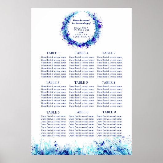 ブルーアート結婚のシーティングテーブルプランナー1-9テーブル ポスター (正面)