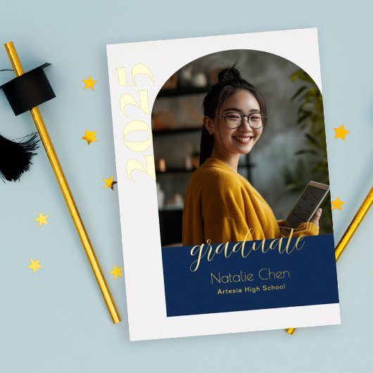 ブルーアーモダンチ写真卒業パーティー 箔招待状