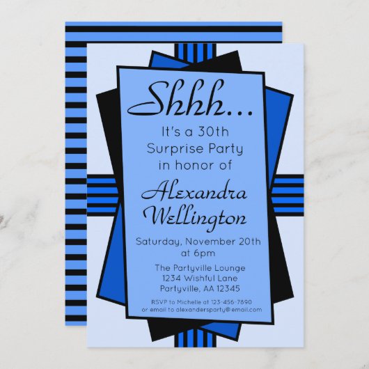 ブルーアールデコサプライズパーティー誕生日 招待状 (正面/裏面)