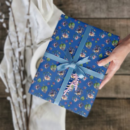 ブルーアールヌーボーステンドグラスオダマキ(植物)花 ラッピングペーパー