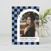 ブルーアー市松模様にチ写真卒業発表 案内状 (スタンド正面)