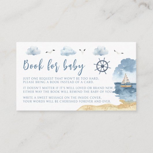 ブルーア航海のホイ赤ちゃんシャワー用のボーイブック エンクロージャーカード (正面)