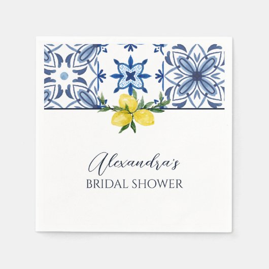 ブルーイエロイタリアンーレモンブライダルシャワー スタンダードカクテルナプキン (正面)
