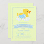ブルーイエローかわいいゴムアヒルベイビーシャワー 招待状 (正面/裏面)
