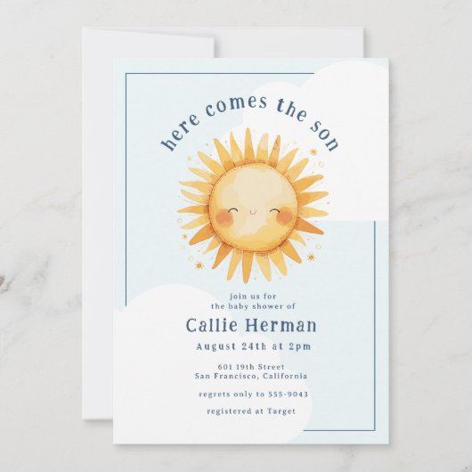ブルーイエローこ来この息子の男の子のシャワー 招待状 (正面)