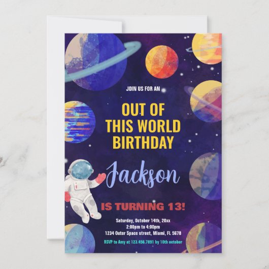 ブルーイエローアウタースペース誕生日招待状 招待状 (正面)