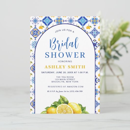 ブルーイエローアーチレモン地中海のブライダルシャワー 招待状 (スタンド正面)
