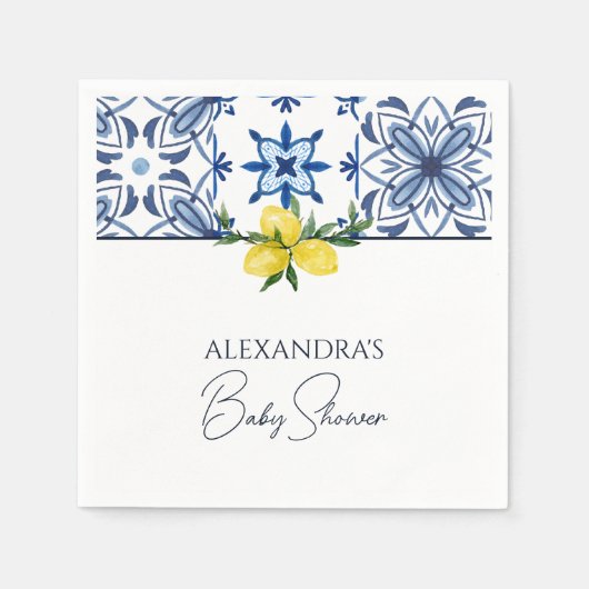 ブルーイエローイタリアンレモンベビーシャワー スタンダードカクテルナプキン (正面)