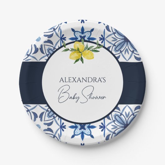 ブルーイエローイタリアンレモンベビーシャワー ペーパープレート (正面)