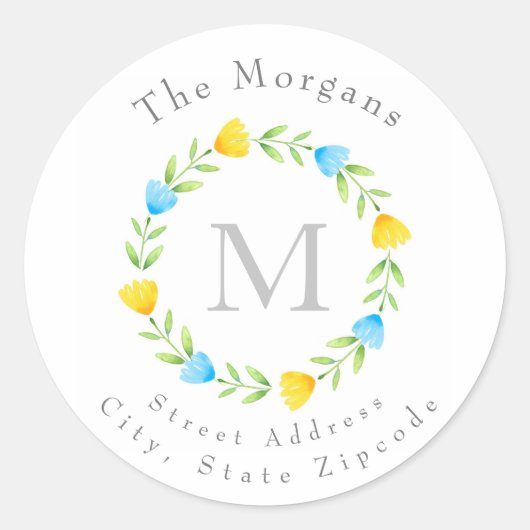 ブルーイエローウォーターカラーフラワーステムリースラベル ラウンドシール (正面)