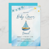 ブルーイエローウォーターカラーボートベビーシャワー 招待状 (正面/裏面)