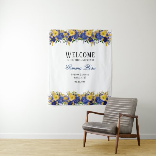 ブルーイエローウォーターカラー牡丹ブライダルシャワーへようこそ タペストリー (インサイチュ)
